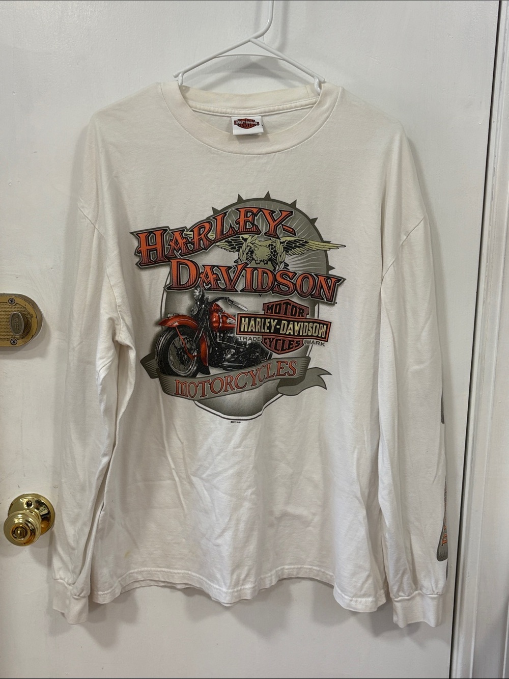 Harley-Davidson White Long-Sleeve Shirt with Red and Gray Motorcycle Graphic